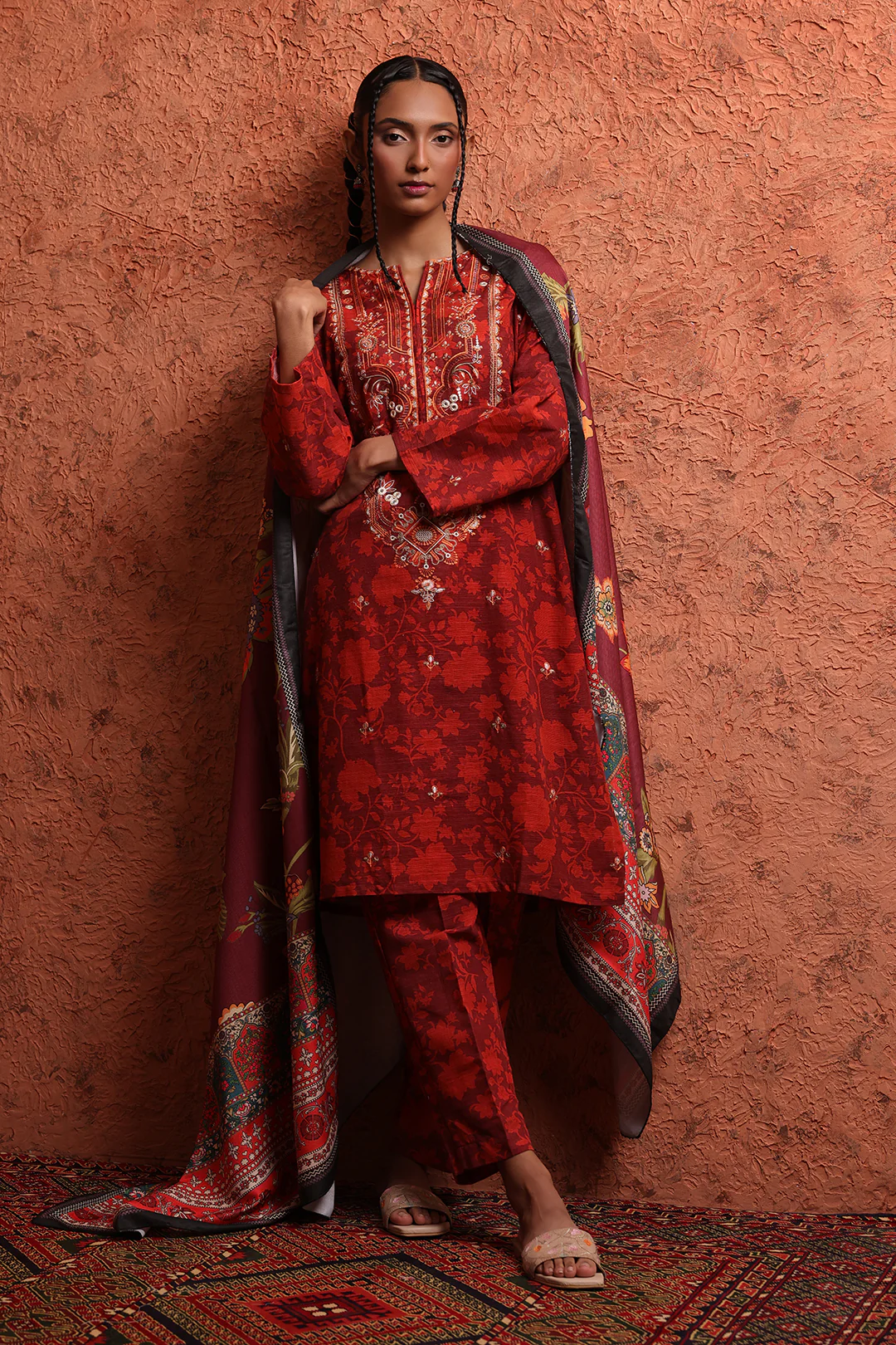 Embroidered Kurta Shawl Trouser - 1463 - Image 2