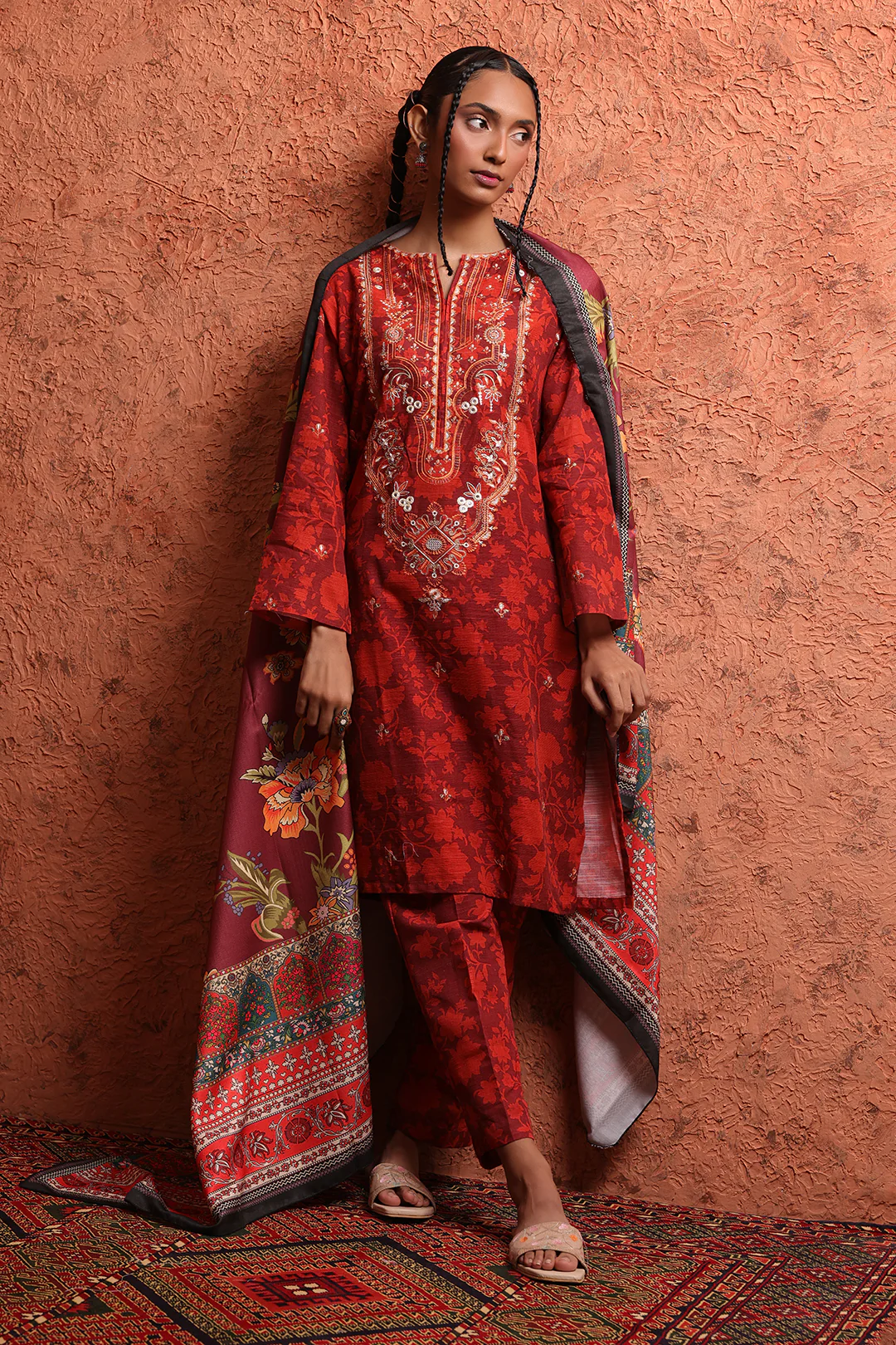 Embroidered Kurta Shawl Trouser - 1463 - Image 3